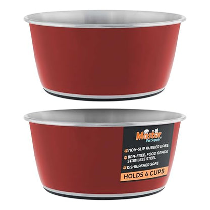 Master Pet Supply Stainless Steel Dog Bowls Set of 2 (32 Oz Each) with Non-Slip Rubber Base - Crimson Flame - Basic Dog Food Bowl Water & Food Bowls for Small Medium Large Dogs & Cats, Metal Dish - color: Crimson Flame, size: 4 Cups (32 Oz) 2 Pack