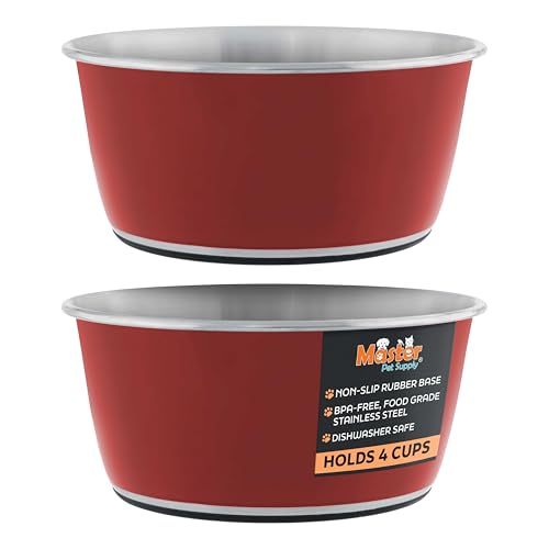Master Pet Supply Stainless Steel Dog Bowls Set of 2 (32 Oz Each) with Non-Slip Rubber Base - Crimson Flame - Basic Dog Food Bowl Water & Food Bowls for Small Medium Large Dogs & Cats, Metal Dish - color: Crimson Flame, size: 4 Cups (32 Oz) 2 Pack