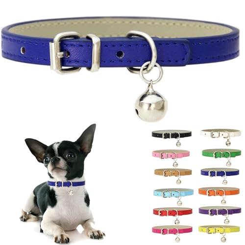 Dark Blue XXS Dog Collar with Bell, Soft Pu Leather Cat Collars Adjustable Buckle for XS Extra Small Medium Tiny Female Male Boys Girls Pets Puppy Kitten Teacup Yorkie XX-Small - color: Dark Blue, size: XXS for Neck 5"-8"
