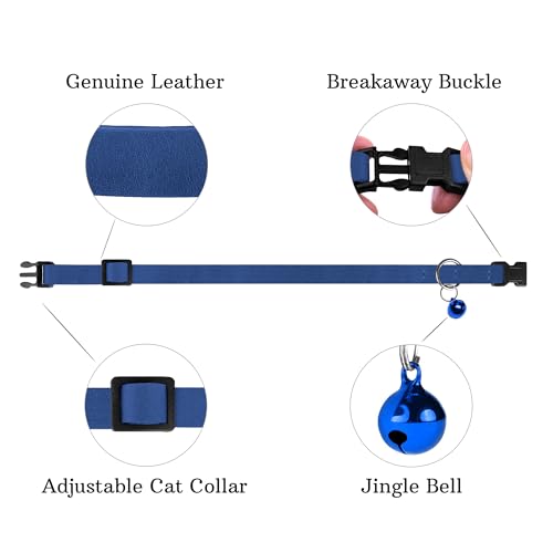 Breakaway Cat Collar Leather with Removable Bell - 13 Colors Available - Soft Adjustable Girl Boy Safety Lightweight Pet Kitten Collars Pink Brown Blue Green Red Orange Black (Blue) - color: Blue