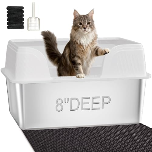 XXL Stainless Steel Litter Box with Lid, Extra Large High Sided Litter Box for Big Cats or Multiple Cats, Anti-Splashing, Easy Clean, No Smell, White Enclosure - color: White, size: XX-Large