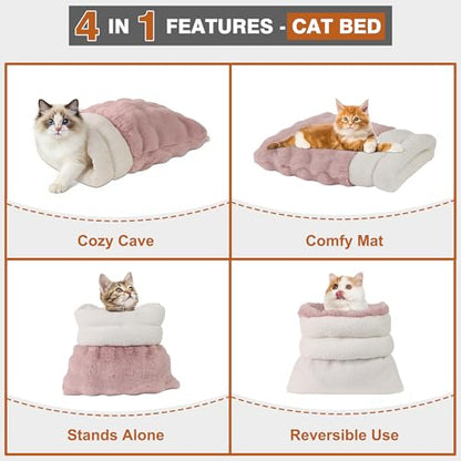 4 in 1 Self Warming Burrow Cat Bed, Pet Hideway Sleeping Cuddle Cave (Pink) - color: Pink