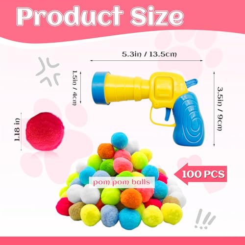 Jgalnim 100 Cat Pom Pom Balls &2 Cat Toy Launchers,Cat Toys Ball Launcher,Launch Ball Cat Fetch Toy,Interactive Cat Toy Balls for Kitty Gifts