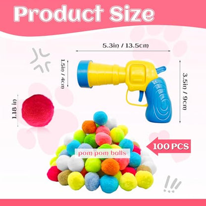 Jgalnim 100 Cat Pom Pom Balls &2 Cat Toy Launchers,Cat Toys Ball Launcher,Launch Ball Cat Fetch Toy,Interactive Cat Toy Balls for Kitty Gifts