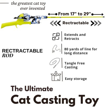 Kid Casters Cat Caster Fishing Pole Toy for Cats – Tangle-Free 29" Casting Rod, Up to 80 ft of Line – Includes 1 Soft Toy + 2 Plastic Fish – Compact, Easy to Store, Cat Camo
