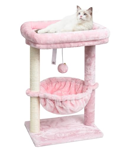 SYANDLVY Small Cat Tree for Indoor Cats, Activity Cat Tower with Scratching Post for Kittens, Modern Cat Furniture with Basket & Hanging Ball for Play Rest, Pink - color: Pink