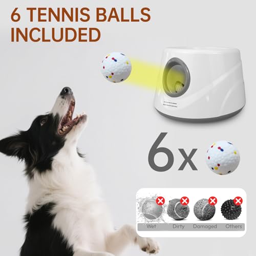 Automatic Ball Launcher for Dogs with 6 ETPU Balls, White, Adjustable Distance 20-45ft, USB Rechargeable, Interactive Dog Toy (Gary) - color: Grey-Standard