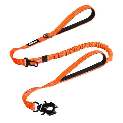 Heavy Duty Tactical Dog Leash, 5 FT Bungee Shock Absorption Leash with 2 Padded Handles, Quick Release Metal Clip, Car Seatbelt, No Pull Training Lead for Large Medium Dogs（Orange） - color: Orange