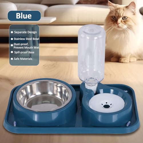 Dog Bowls, Non-Slip Puppy Cat Food and Water Bowl Set with Water Dispenser and Stainless Steel Bowl Detachable Gravity Pet Feeder and Waterer Set for Cats Dogs Puppy Rabbit (Blue, 500ML) - color: Blue, size: Water Capacity: 500ML