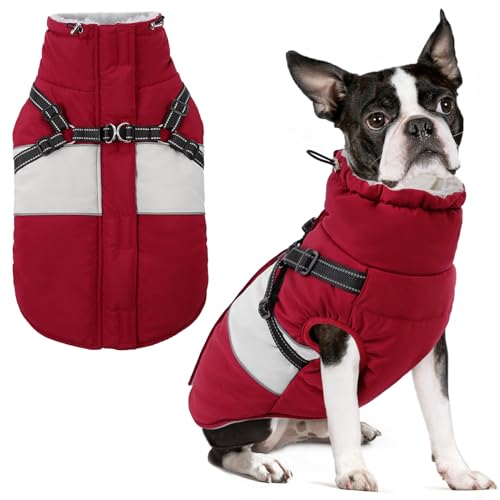 Small Dog Coat with Harness Built in, Warm Dog Jacket Winter with Zipper On Back, Waterproof Pet Snow Jacket Snowsuit Pet Sweater Clothes for Schnauzer, Yorkshire Terrier, Burgundy S - color: Burgundy, size: Small