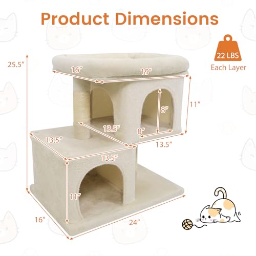 Tangkula Small Cat Tree for Indoor Cats, 25.5 Inch Cat Tower with Sisal Scratching Posts, 2 Large Cat Condos with Padded Top Perch, Modern Cat Climbing Furniture for Adult Cats & Kittens (Beige) - color: Beige