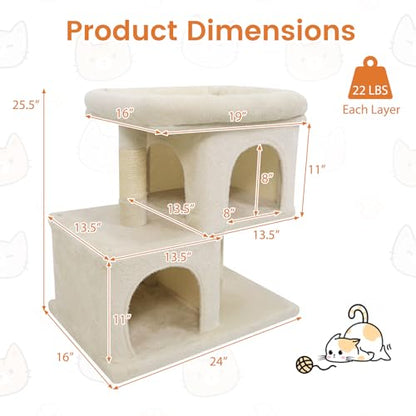 Tangkula Small Cat Tree for Indoor Cats, 25.5 Inch Cat Tower with Sisal Scratching Posts, 2 Large Cat Condos with Padded Top Perch, Modern Cat Climbing Furniture for Adult Cats & Kittens (Beige) - color: Beige
