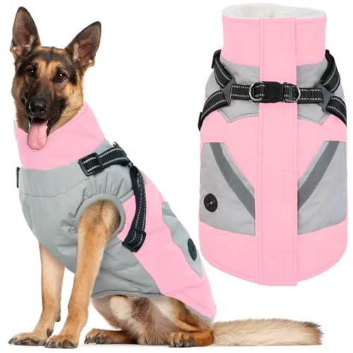 IECOii Dog Winter Coat with Harness Built in, Waterproof Windproof Dog Coats for Large Dogs, Thermal Fleece Lined Cold Weather Jackets with Zip, Outdoor Warm Snow Jacket Reflective, Pink, XLarge - color: Pink, size: X-Large(Chest:29.9 in)