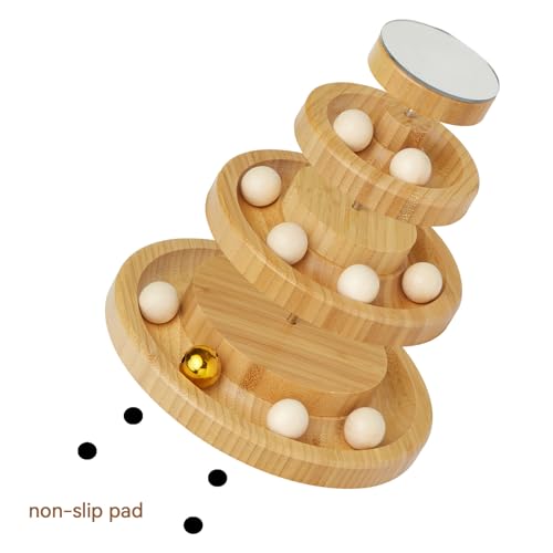 Wooden Cat Ball Track Toy 3-Layer Cat Ball Tower Toy with Suction Cup Cat Teaser Wand Set,Bamboo Cat Toys for Indoor Spinning Bell Balls Kitten Exercise Mental Physical,3pcs Replacement Feathers