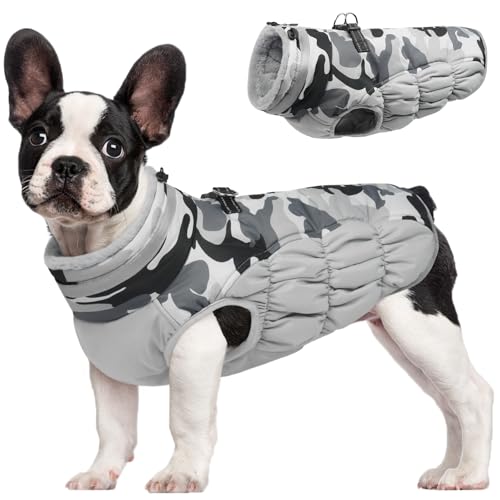FUAMEY Dog Coat for Small Dogs,Waterproof Dog Winter Jacket with Harness Built in Puppy Cold Weather Coats Reflective Pet Vest with Zipper Warm Fleece Dogs Snowsuit Windproof Grey Camo XS - color: Grey Camo, size: XS(chest:14in)