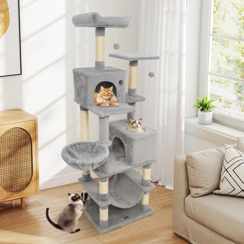 PETSITE 66 Inches Tall Cat Tree, Multi-Level Cat Tower with Sisal Scratching Posts, Side Basket, 2 Comfy Condos, Hammock, Soft Padded Top Perch, and Hanging Balls, Ideal for Indoor Cats (Grey) - color: Grey