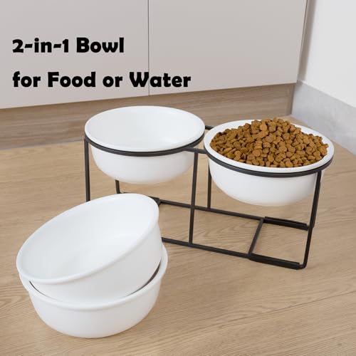 Ceramic Elevated Dog Bowl Set - Raised Food and Water Bowls with Metal Stand - Double Pet Dishes for Small and Medium Dogs - 3 Cups - 24.3 fl oz - Matte White - color: Matte White, size: L-400ml
