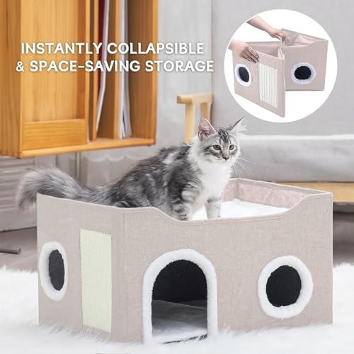 Cat House for Indoor Cats – Foldable Cat Cave & Covered Cat Bed, Cozy Hideaway for Small Pets and Large Cats (23.6"x16"x12.8"),Beige - style: Beige