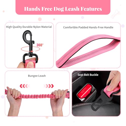 Heavy Duty Hands Free Multifunctional Dog Leash - Adjustable, Reflective, Waist Leash for Dog Walking, Running, Hiking - 5-7FT - color: Pink