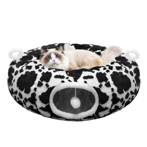 Cat Tunnel Bed for Indoor Cats, Soft Plush Donut Peekaboo Cat Cave, Multifunctional Playground Toy for Small Medium Large Cats, Kittens, Rabbits, Ferrets, with Washable Cushion (Black&White) - color: Black&White