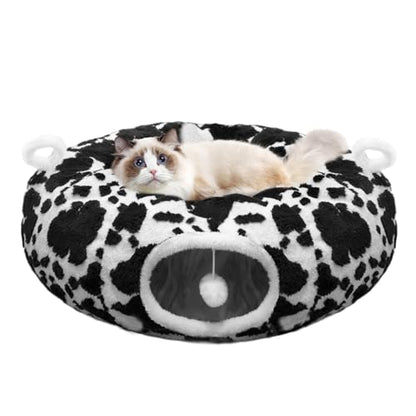 Cat Tunnel Bed for Indoor Cats, Soft Plush Donut Peekaboo Cat Cave, Multifunctional Playground Toy for Small Medium Large Cats, Kittens, Rabbits, Ferrets, with Washable Cushion (Black&White) - color: Black&White