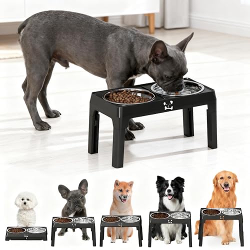 Elevated Dog Bowls Stand 5 Height Adjustable, Raised Dog Feeder with 2 Thick 50oz Stainless Steel Bowls, Non-Slip Pet Food Station for Medium & Large Breeds (Black)