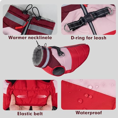 Dog Jacket for Small Dogs Waterproof Dog Coat with Reflective Strips and Harness Built in Warm Fleece Dogs Winter Coat Windproof with Back Zipper, Red L - color: Red, size: Large