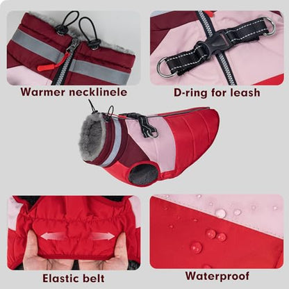 Dog Jacket for Small Dogs Waterproof Dog Coat with Reflective Strips and Harness Built in Warm Fleece Dogs Winter Coat Windproof with Back Zipper, Red L - color: Red, size: Large