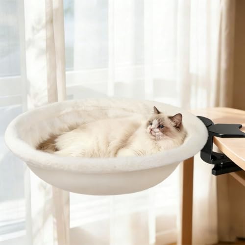 Cat Desk Bed Attachment with Clamp Attached to Desk Perch with Removable Washable Cover Soft Faux Rabbit Fur Material Cat Hammock Nest Suitable for Various Desktops Maximum Hold up to 50lb - color: White
