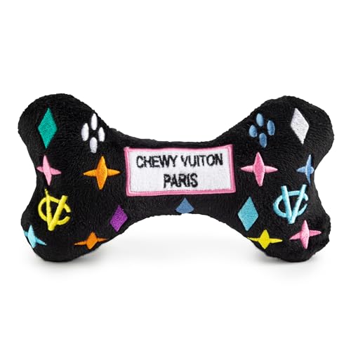 Haute Diggity Dog Chewy Vuiton Bone Plush Squeaky Dog Toy, Soft Durable Designer-Inspired Stuffed Puppy Chew Toys for Small & Medium Dogs, Machine-Washable (Black Monogram) Large - color: Black Bone, size: Large