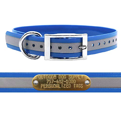 Outdoor Dog Supply 1" Heavy Duty Reflective Waterproof D-Ring Dog Collar for Medium & Large Dogs with 3/4" Custom Brass Nameplate (Reflective Light Blue, 18") - color: Reflective Light BLue, size: 18" Long