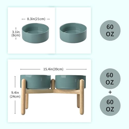 SPUNKYJUNKY Ceramics Elevated Dog Feeding Stand with Wooden Base - Double 60oz Bowls for Medium Large Dogs (Dark Green) - color: Dark Green (Double Bowls Set), size: Large - 7.6 CUPS