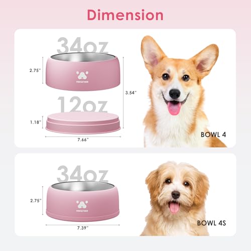 PAWGETHER® Stainless Steel Dog Bowls, Dog Food Water Bowl with Non-Slip Base Two-Piece Design Easy Clean Dishwasher Safe Pink 34oz + 12oz - color: Pink (34oz + 12oz)