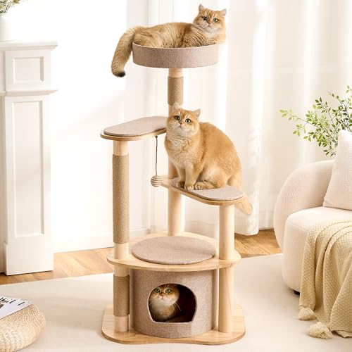 797Audio Modern Wood Cat Tree Tower, 46" Aesthetic Cat Tree with Natural Pine Wood Scratching Posts and Condo for Adult Cats, Solid Rubber Wooden & Linen Cat Tree,Multi-Level Tree for Indoor Cat - color: 46 Inch