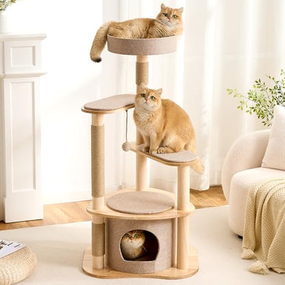 797Audio Modern Wood Cat Tree Tower, 46" Aesthetic Cat Tree with Natural Pine Wood Scratching Posts and Condo for Adult Cats, Solid Rubber Wooden & Linen Cat Tree,Multi-Level Tree for Indoor Cat - color: 46 Inch