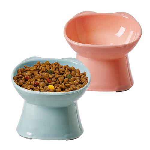 KSIA Klear Elevated Cat Bowls 2 Pack, Tilted Raised Cat Bowls for Indoor Cats, for Food and Water, 4.72" Wide, Whisker Friendly Anti Vomit for Indoor Cats, Microwave and Dishwasher Safe, Pink&Blue - color: Pink&Blue