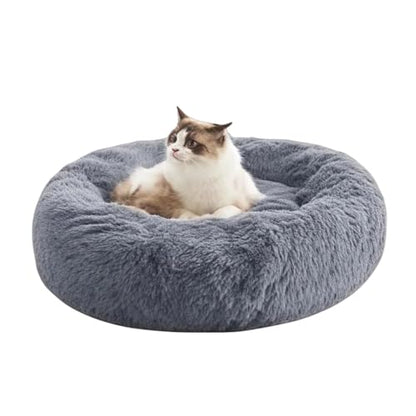 SALAN Calming Donut Dog Bed for Small Dogs and Cats, 16 Inch Round Plush Faux Fur Pet Bed, Washable Fluffy Self Warming Anti Anxiety Cuddler Bed for Puppy, Kitten, Indoor Cats (Brown) - color: Brown
