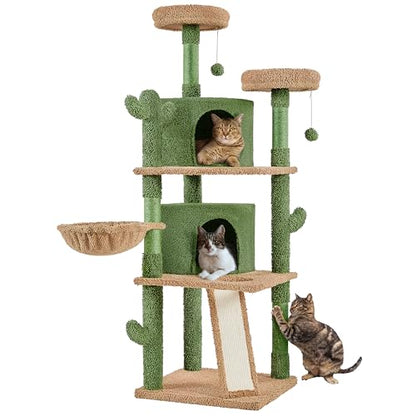 Yaheetech Cactus Cat Tree, 66?H Cat Tower for Indoor Cats, Multi-Level Cat Tree with Large Condos & Ramp, Pet Play House with Padded Perch, Platforms, Basket & Hanging Ball, Green/Brown