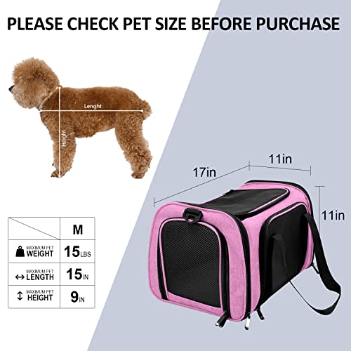 Henkelion Pet Carrier for Small Medium Cats Dogs Puppies up to 15 Lbs, TSA Airline Approved, Soft Sided, Collapsible Travel - Pink - color: Pink, size: 17.0"L x 11.0"W x 11.0"H