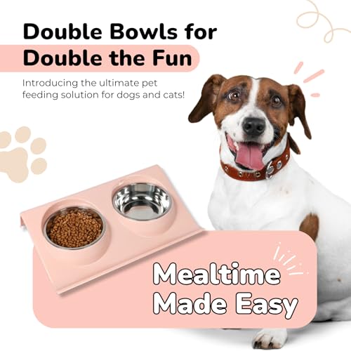 Double Dog Food Bowls Stainless Steel - Puppy Food and Water Bowl Set with Weighted Non-Slip Base - Non-Skid Design - Dog Bowl Set for Puppy Cats Kitten Small Medium Dogs - Pink - color: Pink