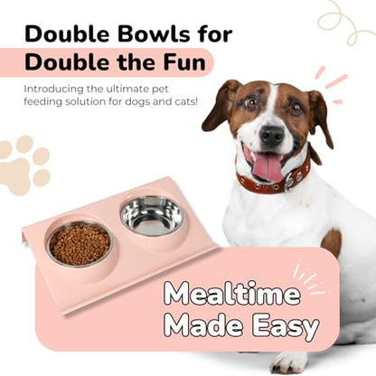 Double Dog Food Bowls Stainless Steel - Puppy Food and Water Bowl Set with Weighted Non-Slip Base - Non-Skid Design - Dog Bowl Set for Puppy Cats Kitten Small Medium Dogs - Pink - color: Pink