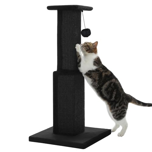 PAWZ Road Large Cat Scratching Post 32” Tall Black Scratching Post for Indoor Cats Adults Ultimate Scratch Post with Woven Sisal, Large Base and Removable Dangling Ball- Black - color: Dark Black