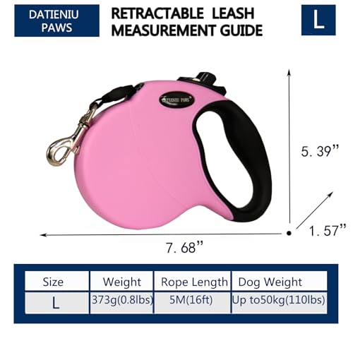 16Ft Chew Proof Retractable Dog Leash Anti-Chewing Wire Ropes Hands-Free Adjustable Safety Lock Durable Nylon Belt for Large Dogs Pink L - color: Pink, size: Large