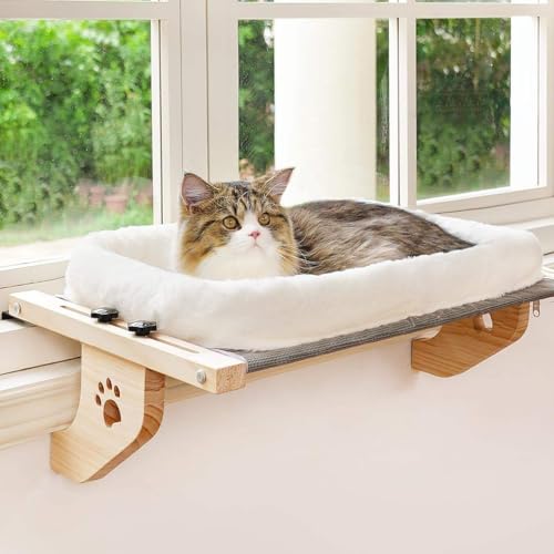 Cat Sill Window Perch Sturdy Hammock Window Seat with Cushion Bed Cover, Wood & Metal Frame for Large Cats, Easy to Adjust Cat Bed for Windowsill, Bedside, Drawer and Cabinet (M)