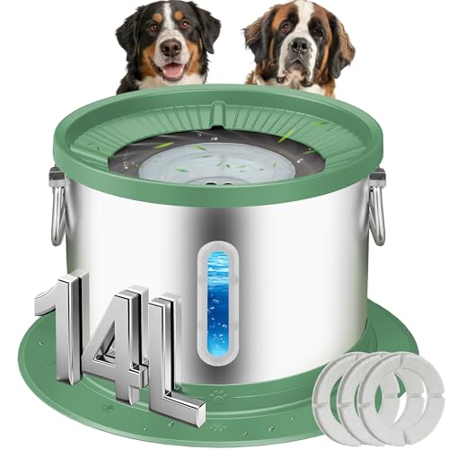 UPSKY 14L No Spill Dog Water Bowl, Stainless Steel Spill Proof Dog Bowl with Water Window, Dual-Suction Anti-Slip Large Capacity Slow Drinking Bowl with Floating Disk for Large Dogs & Messy Drinkers - color: Deep Green