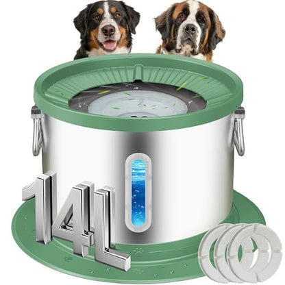 UPSKY 14L No Spill Dog Water Bowl, Stainless Steel Spill Proof Dog Bowl with Water Window, Dual-Suction Anti-Slip Large Capacity Slow Drinking Bowl with Floating Disk for Large Dogs & Messy Drinkers - color: Deep Green