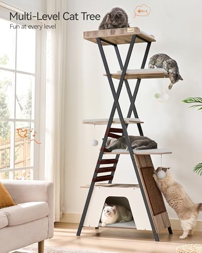FourFurPets 72.4" Cat Tree, Modern Cat Tower for Indoor Cats, Multi-Level Cat Condo with Caves, Tall Cat Tree with Cat Scratching Board, Wooden Cat Tower with Large Perch, Removable Pads, Camel Brown - color: Camel Brown