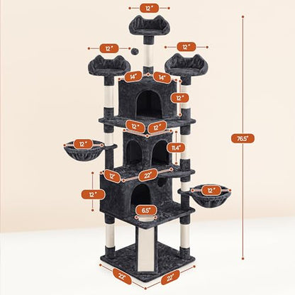 Yaheetech 76.5in Multi-Level Large Cat Tree, Big Cat Tower with 3 Condos, Cozy Plush Perches, 9 Sisal Scratching Posts and Ladder, Activity Center for Large Kitties, Black - color: Black