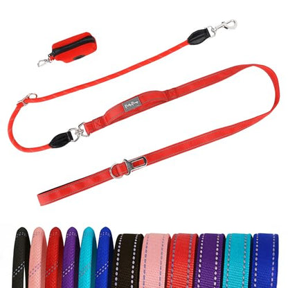 6FT Heavy Duty Dog Leash for Small Medium Large Dogs, Tangle Free Reflective Dog Training Leash with Double Handle, Seat Belt Buckle & Poop Bag Holder (Red) - color: Red, size: 6FT