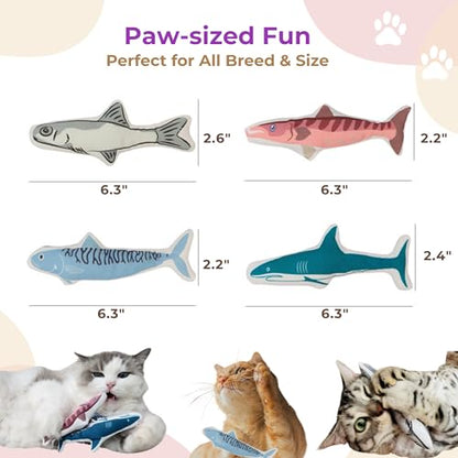 Cat Toys Fish 4-Pack, Durable Canvas Catnip Toys for Indoor Cats and Kittens, Interactive Kicker and Chew Toys, Soft Plush Cat Toys Set